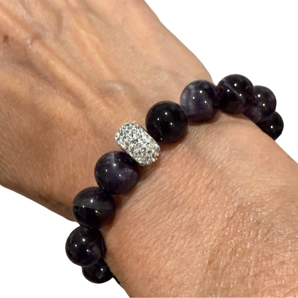 Natural Amethyst Beaded Stretch Bracelet with Crystal Pavé Accent